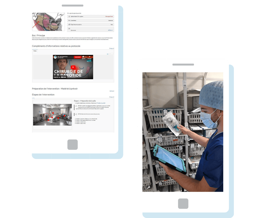 Image représentant les deux solutions POC et PICK : Une première tablette avec une capture d'écrant d'un protocole opératoire pour POC et une seconde tablette avec un personnel de santé qui réalise un Picking (préparation de paniers de matériel pour une opération) en utilisant l'outil Pick 